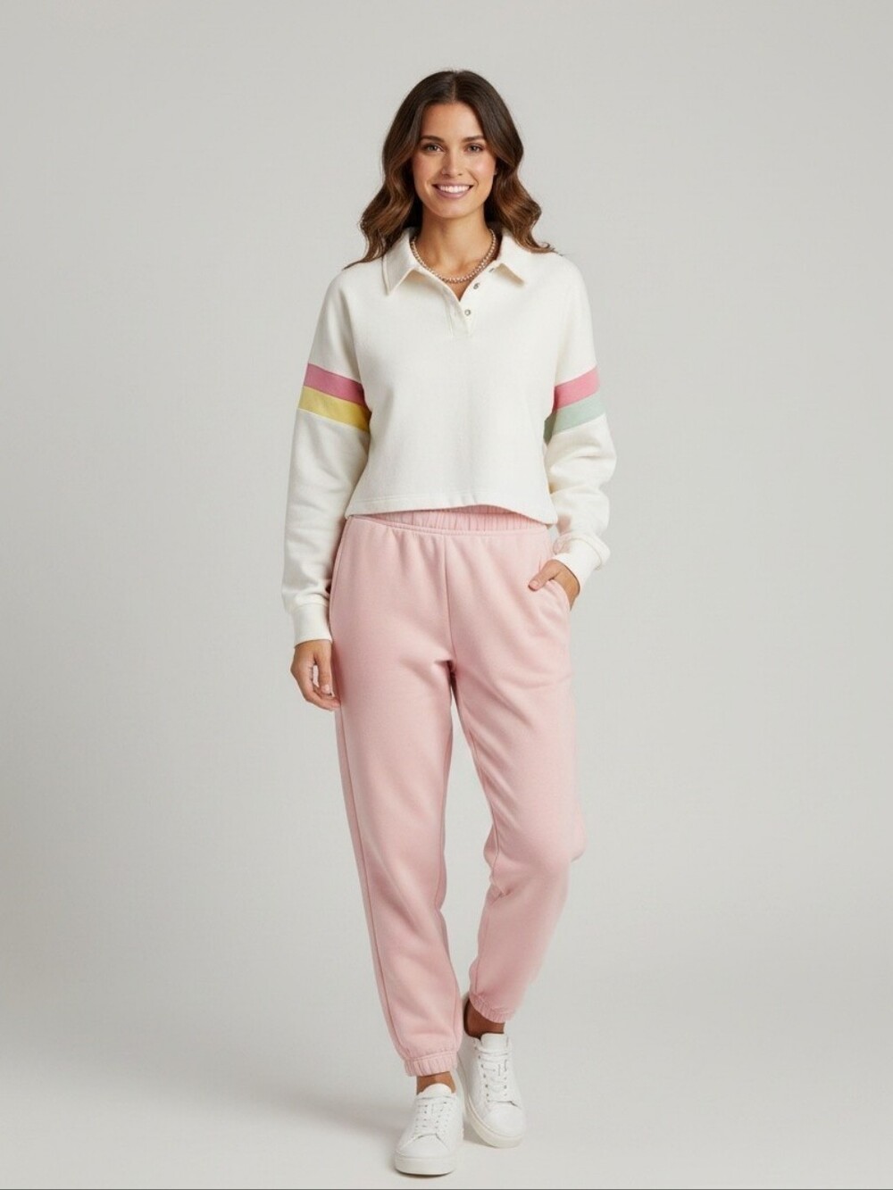Wildfox Vanilla & Pastel Candy Stripe Miami Crop Polo Pullover Preppy Women's L